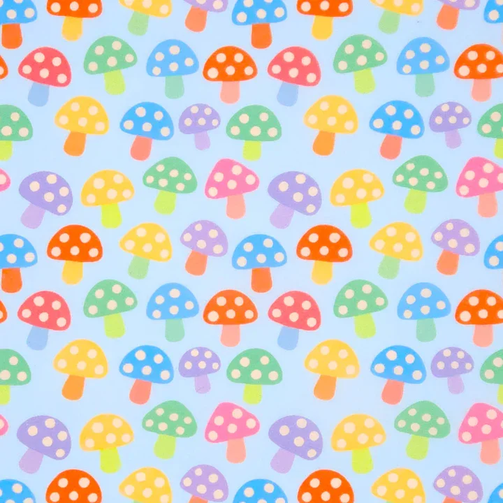 Pattern of colorful mushrooms with polka dots on a light blue background.