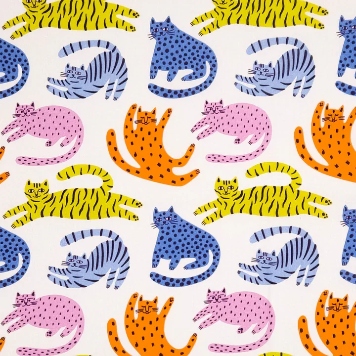 Pattern of colorful cats in various poses and colors, including yellow with black stripes, pink with dark spots, blue with black spots, gray with black stripes, and orange with black spots, on a white background.