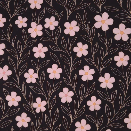 Black background with a pattern of pink and yellow flowers and white leaves.