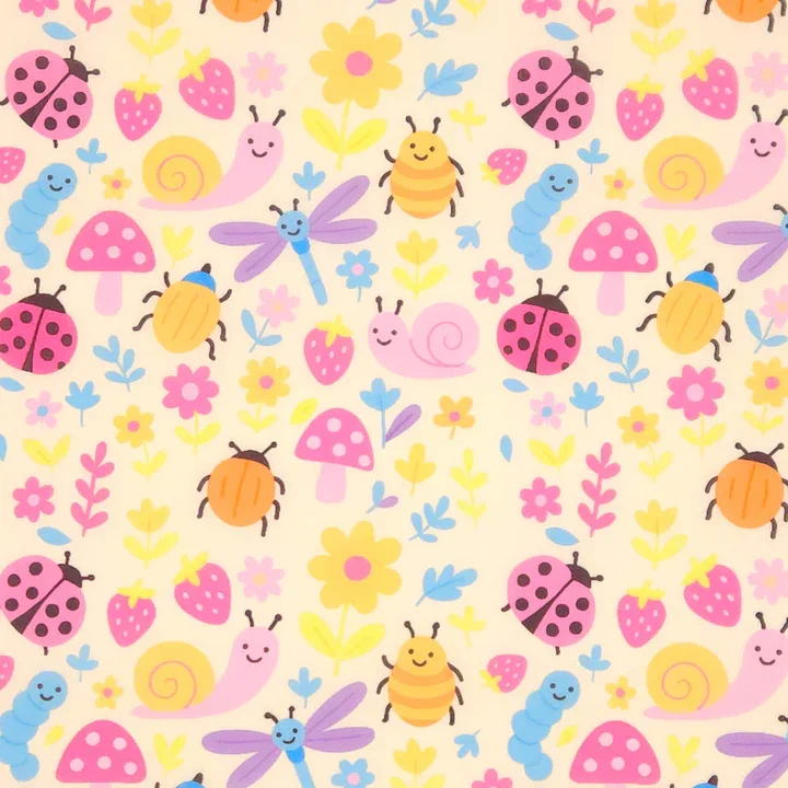 Colorful pattern featuring pink, purple, yellow, blue, and orange cartoon bugs, snails, snails, mushrooms, flowers, and leaves.