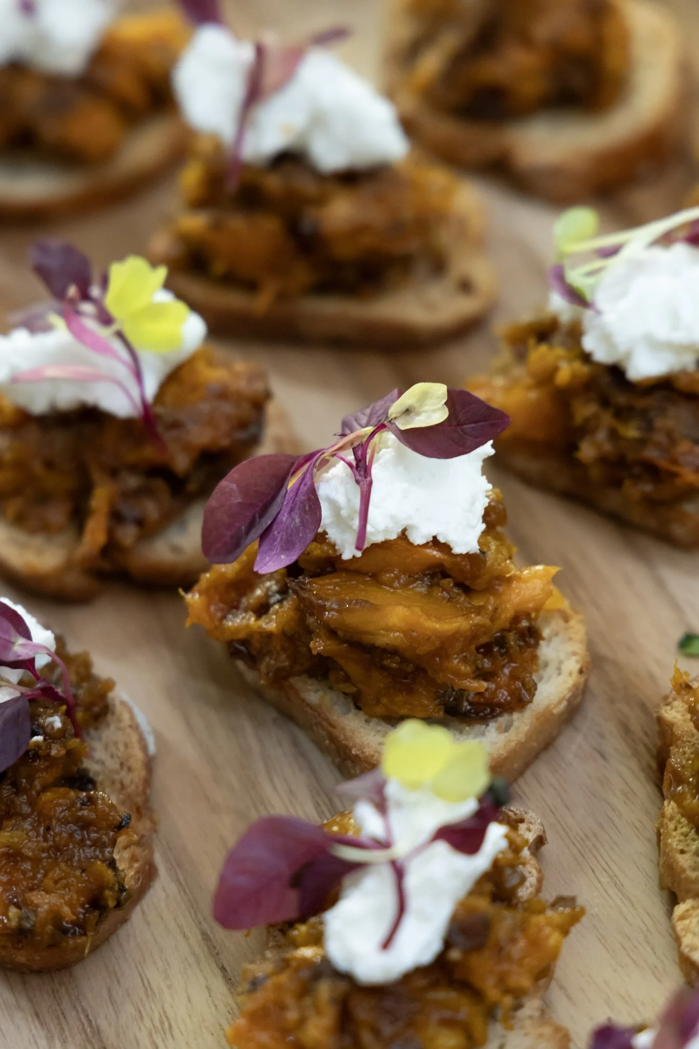 Close-up of mini toasts topped with a savory meat mixture, garnished with a dollop of cream or cheese, and decorated with colorful microgreens.