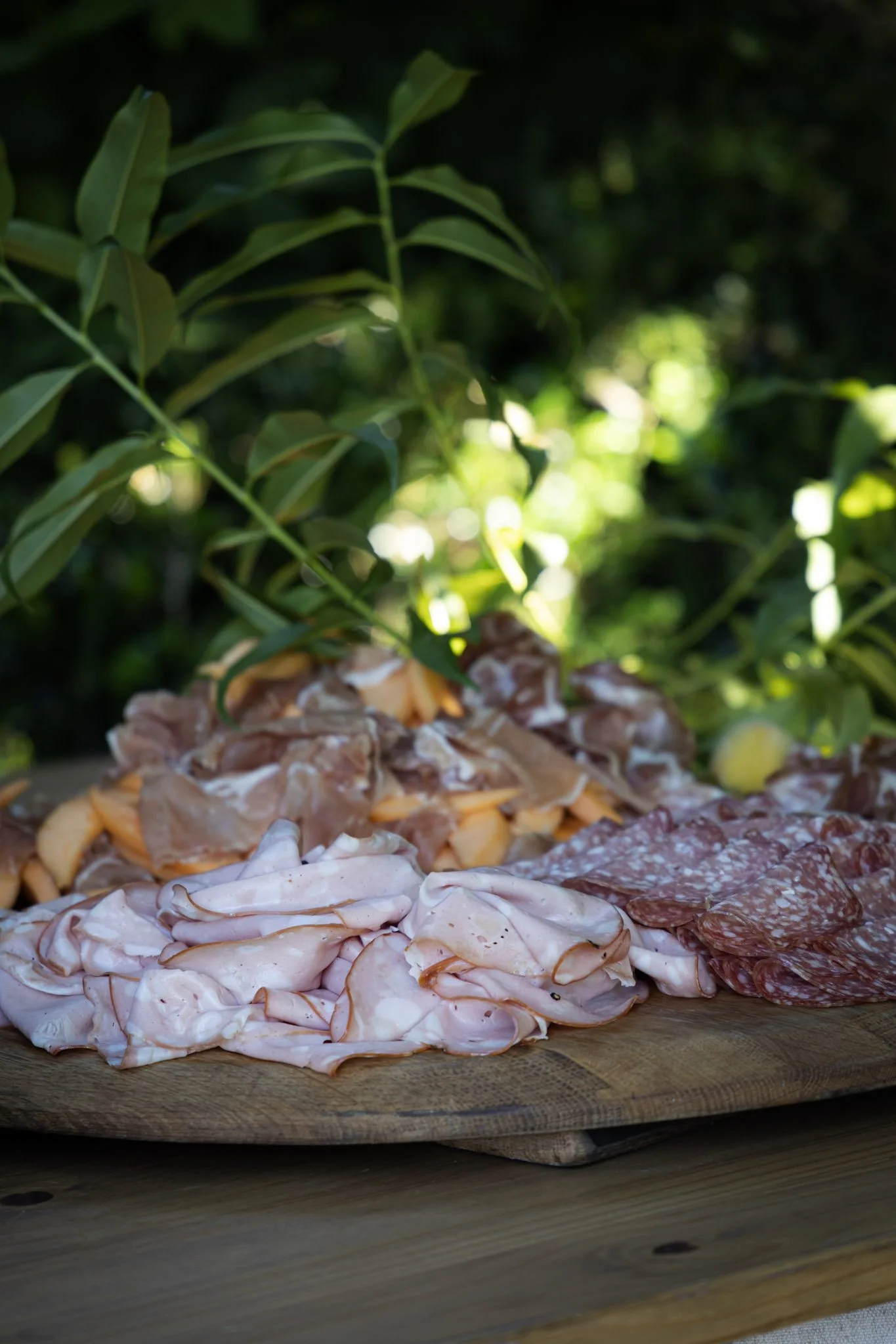 Assorted raw meats including slices of ham, roast beef, and turkey, arranged on a wooden platter, with green foliage in the background.