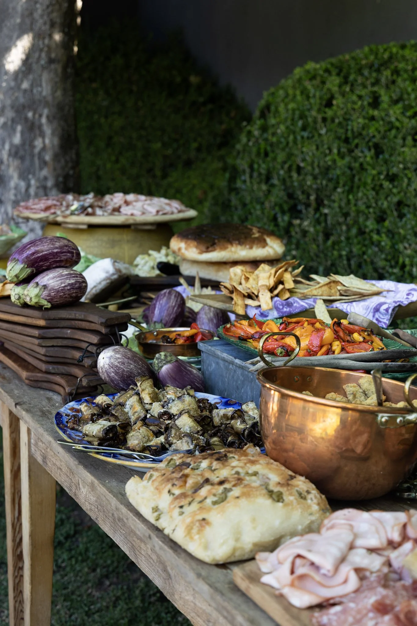A rustic outdoor food spread on a wooden table with various dishes including roasted eggplants, a baked bread, sliced meats, roasted vegetables, and flatbread, set against a background of green bushes.