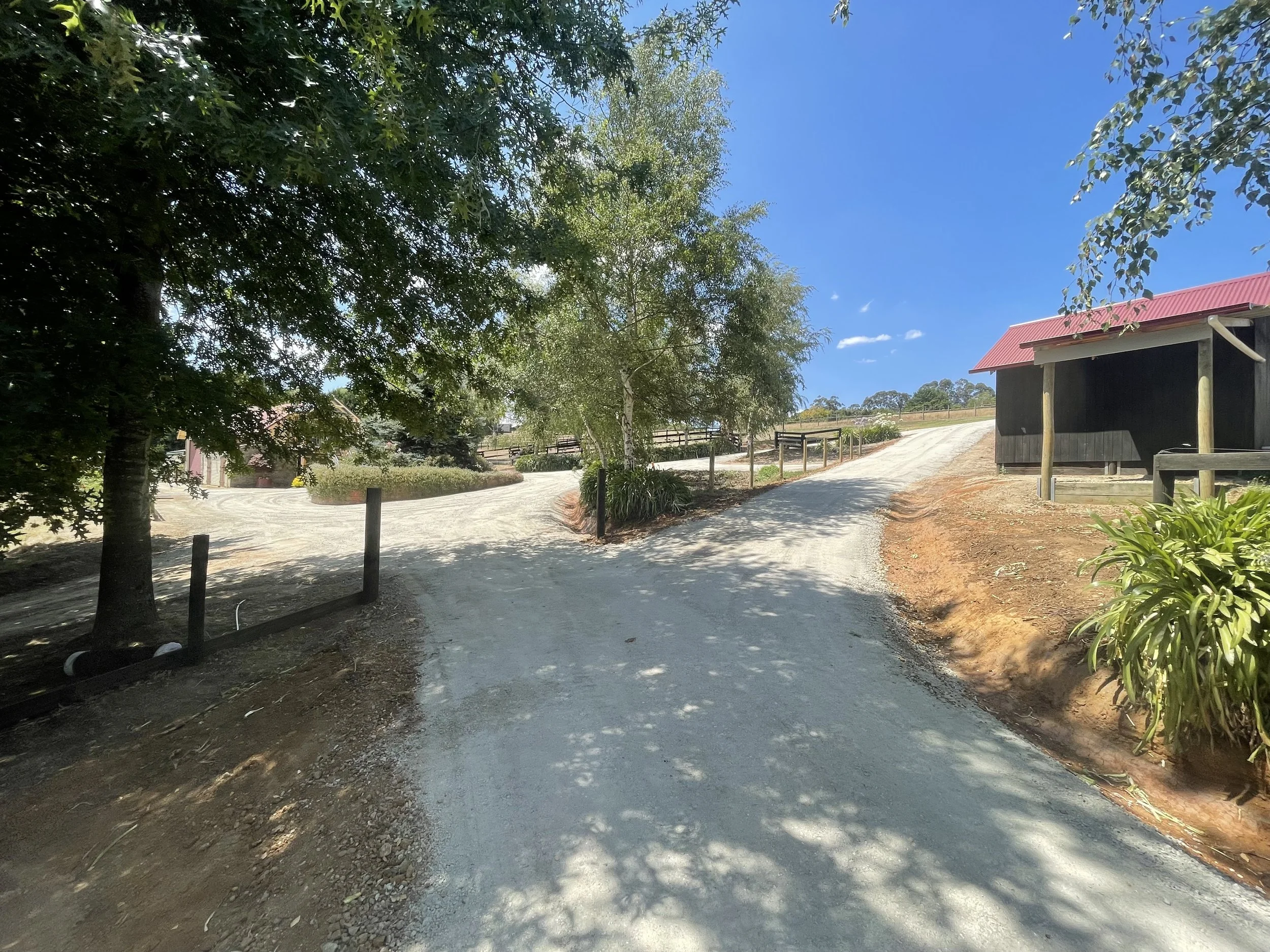 A winding dirt path with some shadows from trees on either side, leading towards a small building with a red roof in a rural setting, under a clear blue sky.