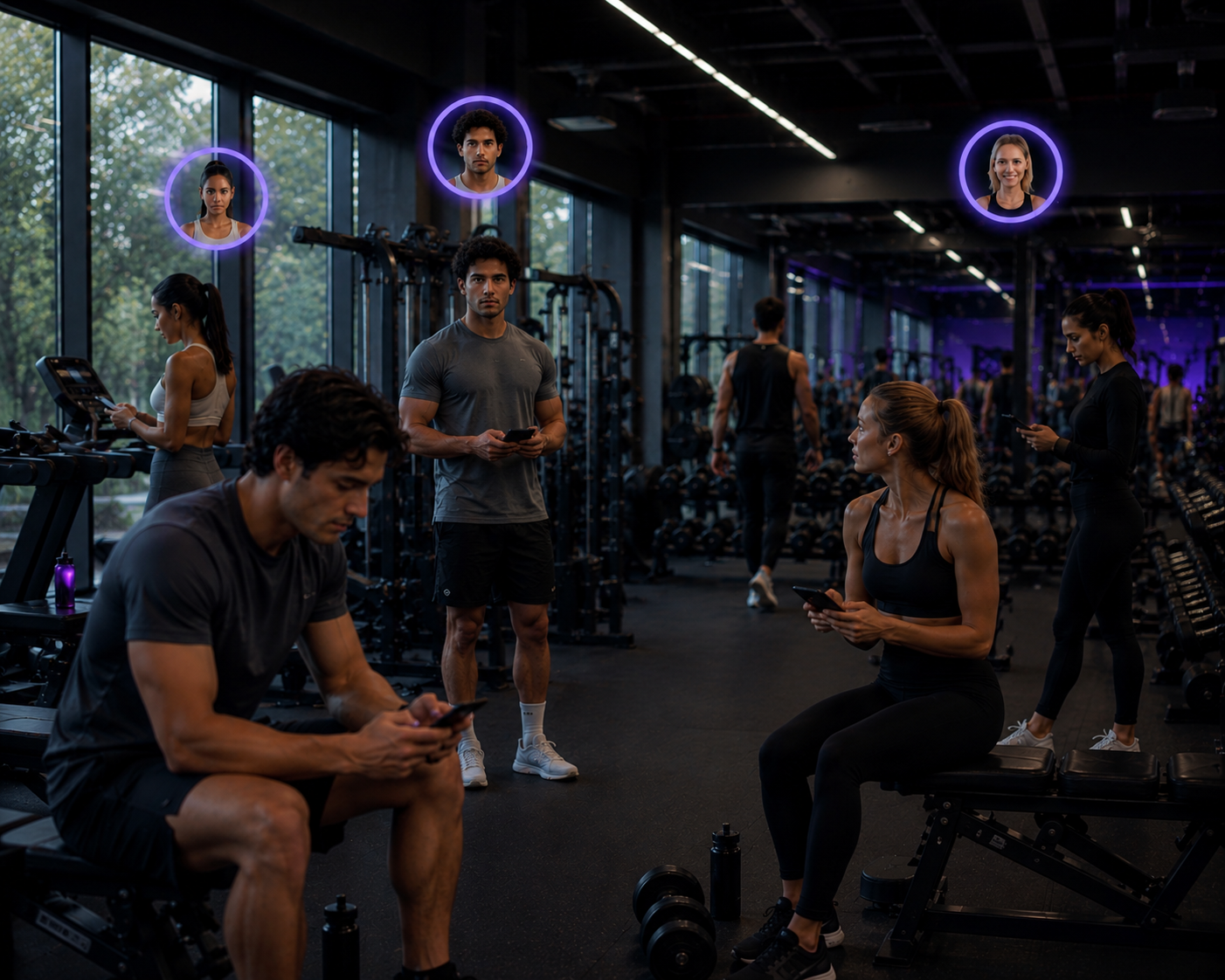 People in a gym, many using their phones, with three individuals highlighted with purple circles around their faces.