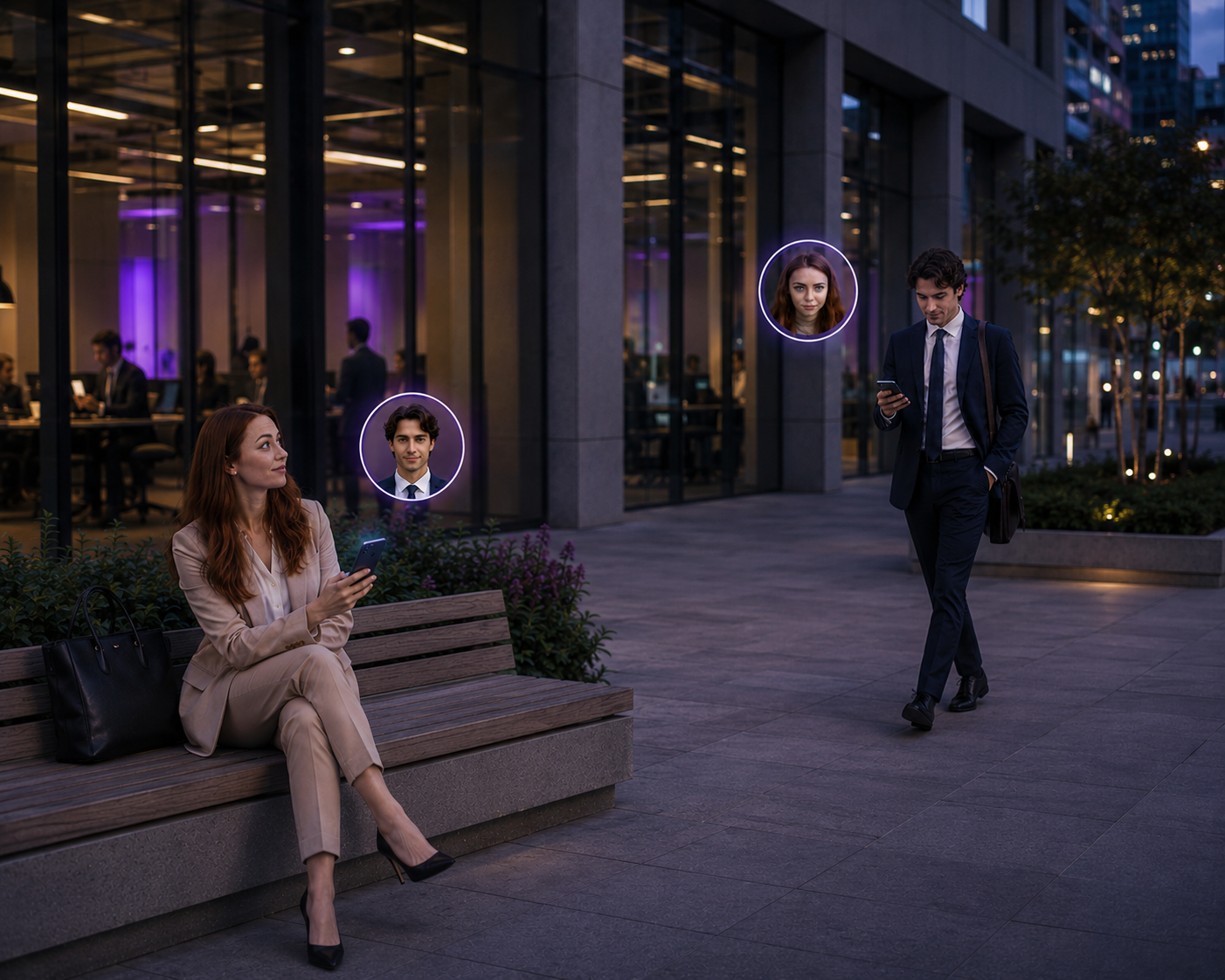 A woman sitting on a bench in an urban area at night, looking at her phone with a black bag beside her. Two people with digital profile icons are projected into the scene, one woman and one man. A man in a suit is walking and looking at his phone.