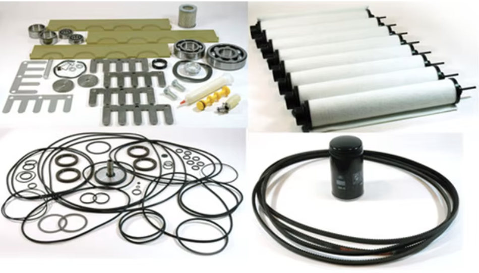 Dört farklı gruba ayrılmış çeşitli otomotiv parçaları ve ekipmanları: üst sol köşede metal ve plastik parçalar, alt sol köşede çeşitli lastiklerle bağlantılı metal parçalar, üst sağda birkaç filament bazlı araç yedek parça, altta ise kablo ve filtre gibi parçalar yer alıyor.