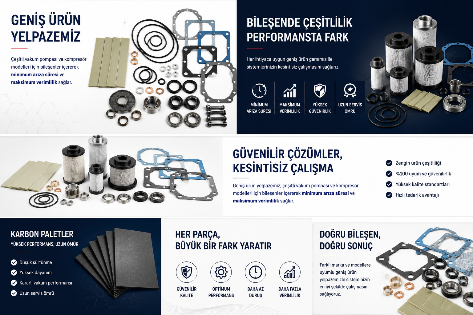 Çeşitli yedek pompa ve kompresör modelleri için sızdırmazlık elemanları, filtresi ve parçaların düzenlenmiş görüntüsü. Arka planda çeşitli metal ve karbon parçaları, contalar ve filtreler yer alıyor.
