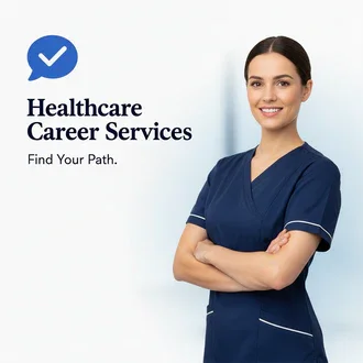 A woman in navy blue scrubs standing with her arms crossed, smiling, next to text that reads 'Healthcare Career Services Find Your Path' on a light blue background.