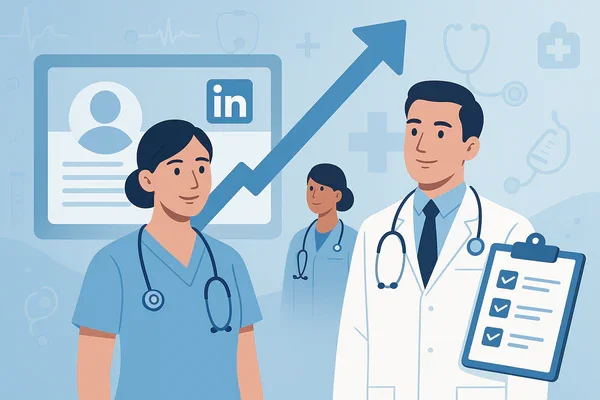 Medical professionals, including doctors and nurses, with a LinkedIn profile graphic and upward arrow symbolizing professional growth or progress in healthcare.