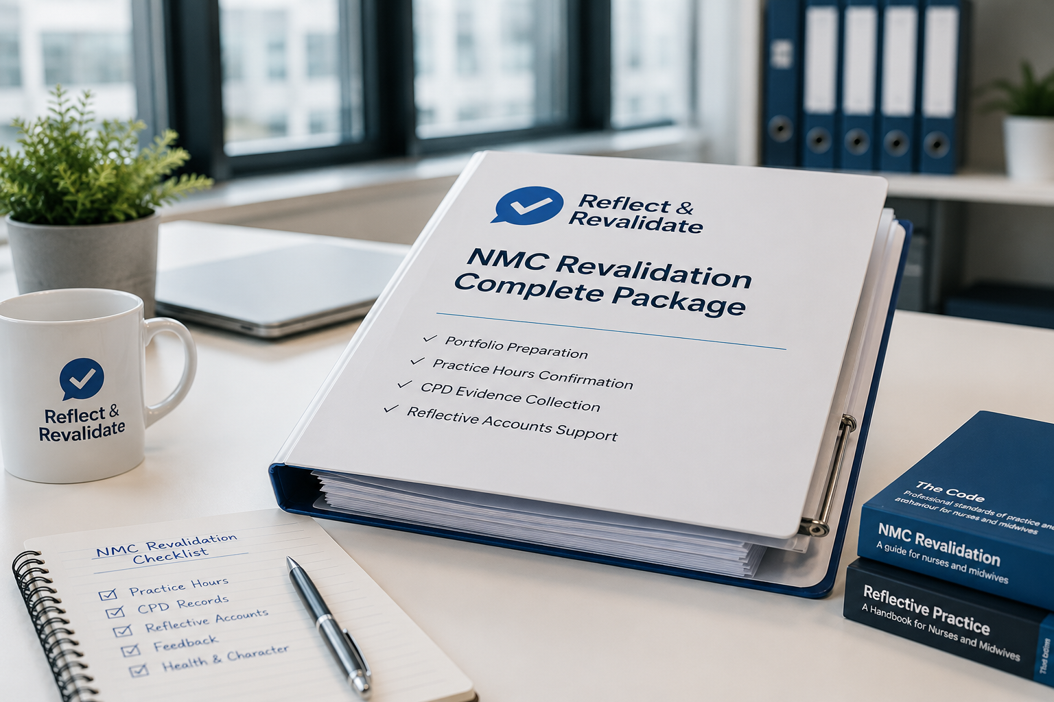 Office desk with a white clipboard containing a document titled "NMC Revalidation Complete Package" listing items like portfolio preparation, practice hours, CPD evidence, and reflective accounts. A mug with the company logo "Reflect & Revalidate," a spiral notebook, and two books titled "NMC Revalidation" and "Reflective Practice" are also on the desk. A notebook with a checklist and a pen are in the foreground.