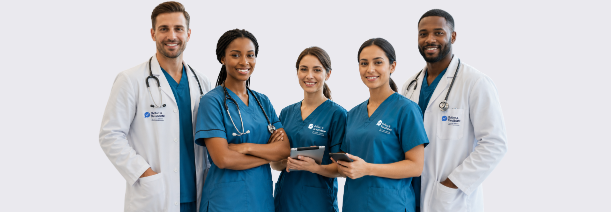 Group of five diverse medical professionals, three women and two men, standing together and smiling, wearing medical scrubs and white coats with stethoscopes, against a plain light background.