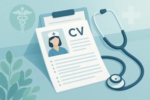 Illustration of a medical CV on a clipboard with a nurse icon, a stethoscope, and medical symbols in the background.