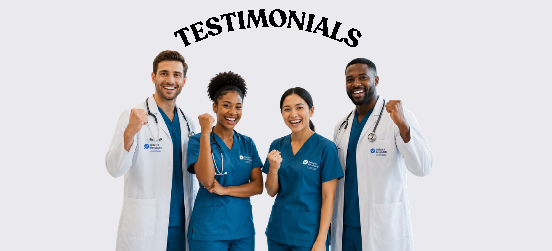 Four healthcare professionals, two men and two women, smiling and showing fists in a gesture of victory, standing under a sign that says 'TESTIMONIALS'.