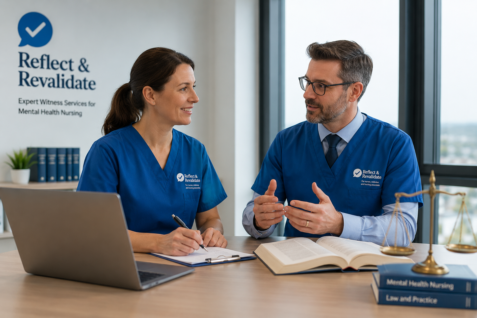 Two healthcare professionals in blue uniforms sitting at a desk, having a discussion. One woman is smiling and holding a pen, and the other man is speaking, gesturing with his hands. A laptop, open book, and a desk scale are on the desk. A poster behind them reads "Reflect & Revalidate" and mentions expert witness services for mental health nursing.
