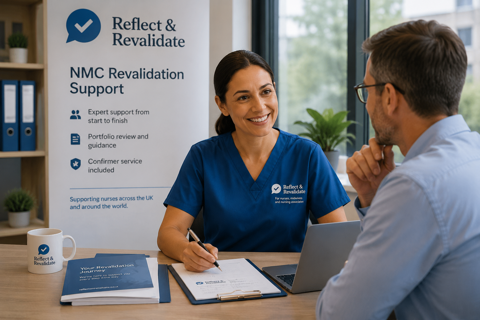 A nurse and a man having a conversation at a desk during a counseling session. The nurse is smiling and taking notes on a notebook, with a reflective and revalidate office backdrop featuring a banner that promotes support for nurses, midwives, and nursing associates.