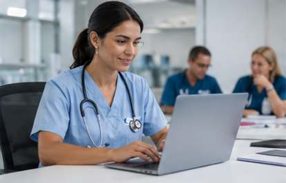 A female healthcare professional in scrubs and stethoscope working on a laptop in a conference room with colleagues in the background.