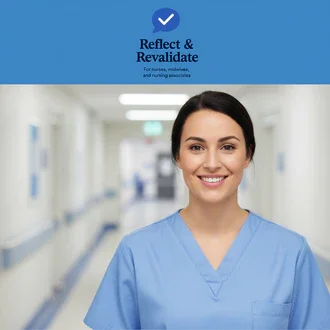 A smiling female nurse in blue scrubs walking through a hospital corridor.