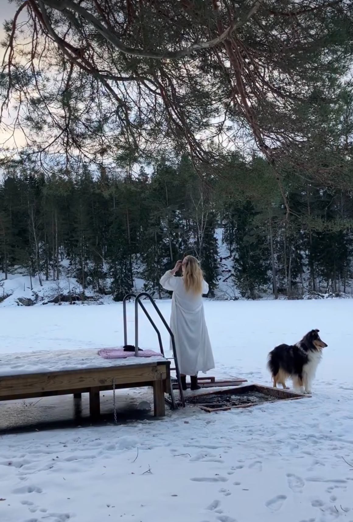 A woman with blonde hair wearing a long, white robe standing on a deck by a hot tub in a snowy outdoor setting, looking at the trees and sky. A dog, possibly a collie, stands next to her on the snow. There are tall trees and a forest in the backgroun