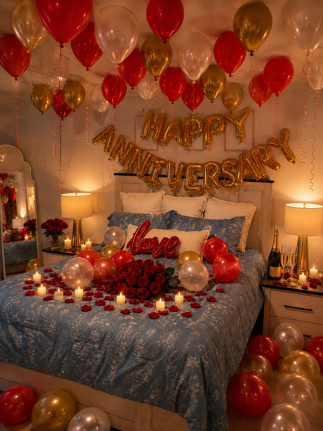Bedroom decorated with red, white, and gold balloons, rose petals, candles, a bouquet of red roses, and birthday banners that spell 'Happy Anniversary' and 'love'.