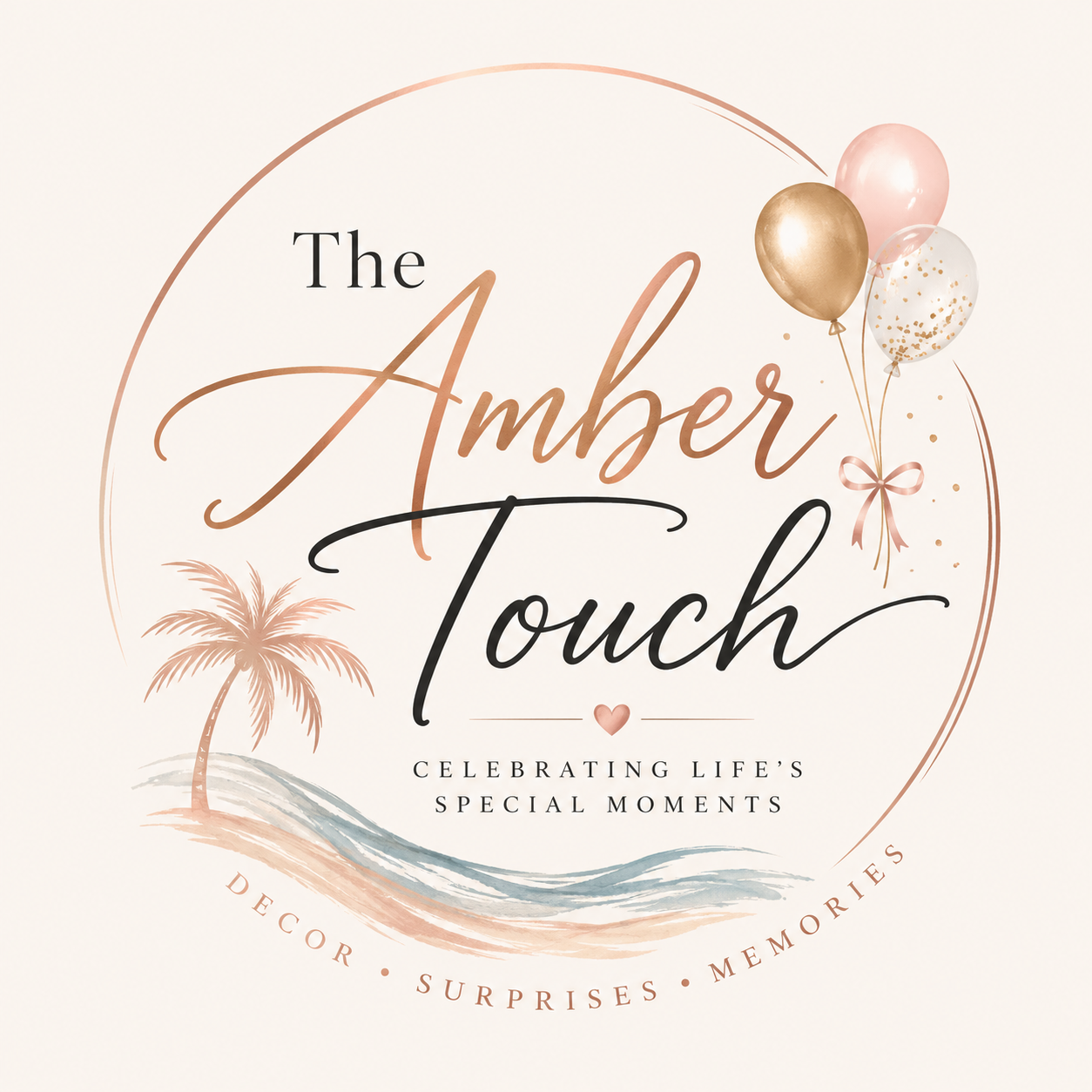 Celebration poster for 'The Amber Touch' with balloons, a palm tree, and the tagline 'Celebrating life's special moments'.