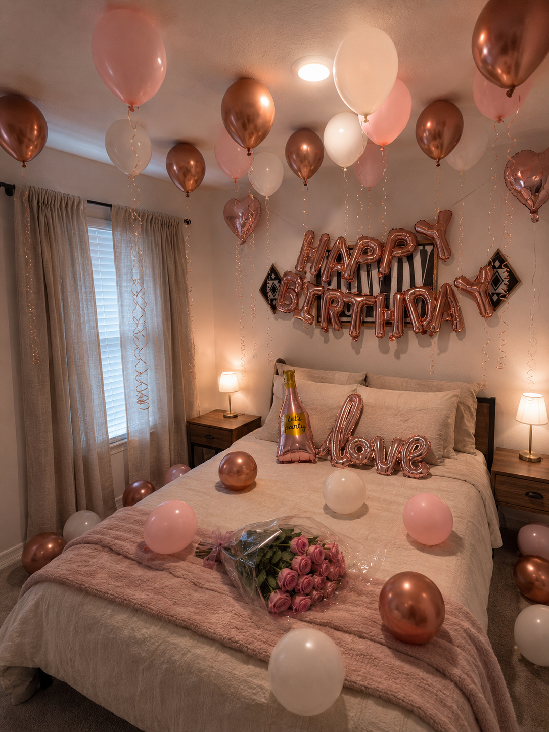 A decorated bedroom for a birthday celebration with pink and white balloons, a "Happy Birthday" banner, a bouquet of pink roses, and a