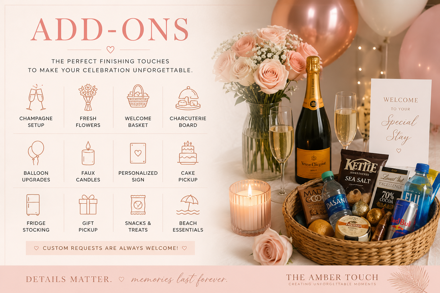 Table with floral arrangement, candles, a bottle of champagne, and a gift basket, with balloon decorations in the background, and a printed sign listing celebration add-ons.
