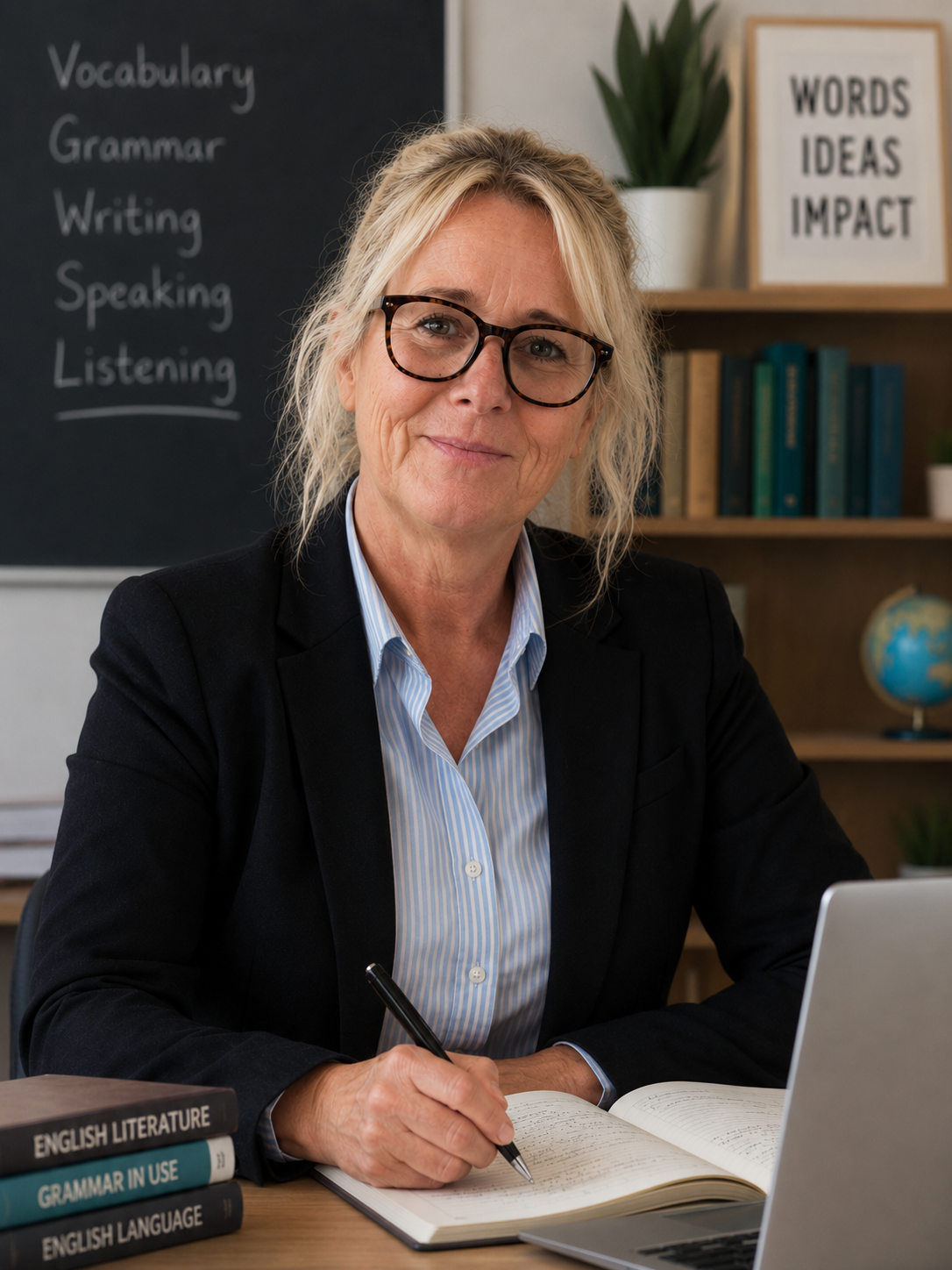 A middle-aged woman wearing glasses and a black blazer sitting at a desk with an open notebook, a pen in hand, and a laptop. Behind her, a chalkboard lists vocabulary words, and a bookshelf contains books and a potted plant.
