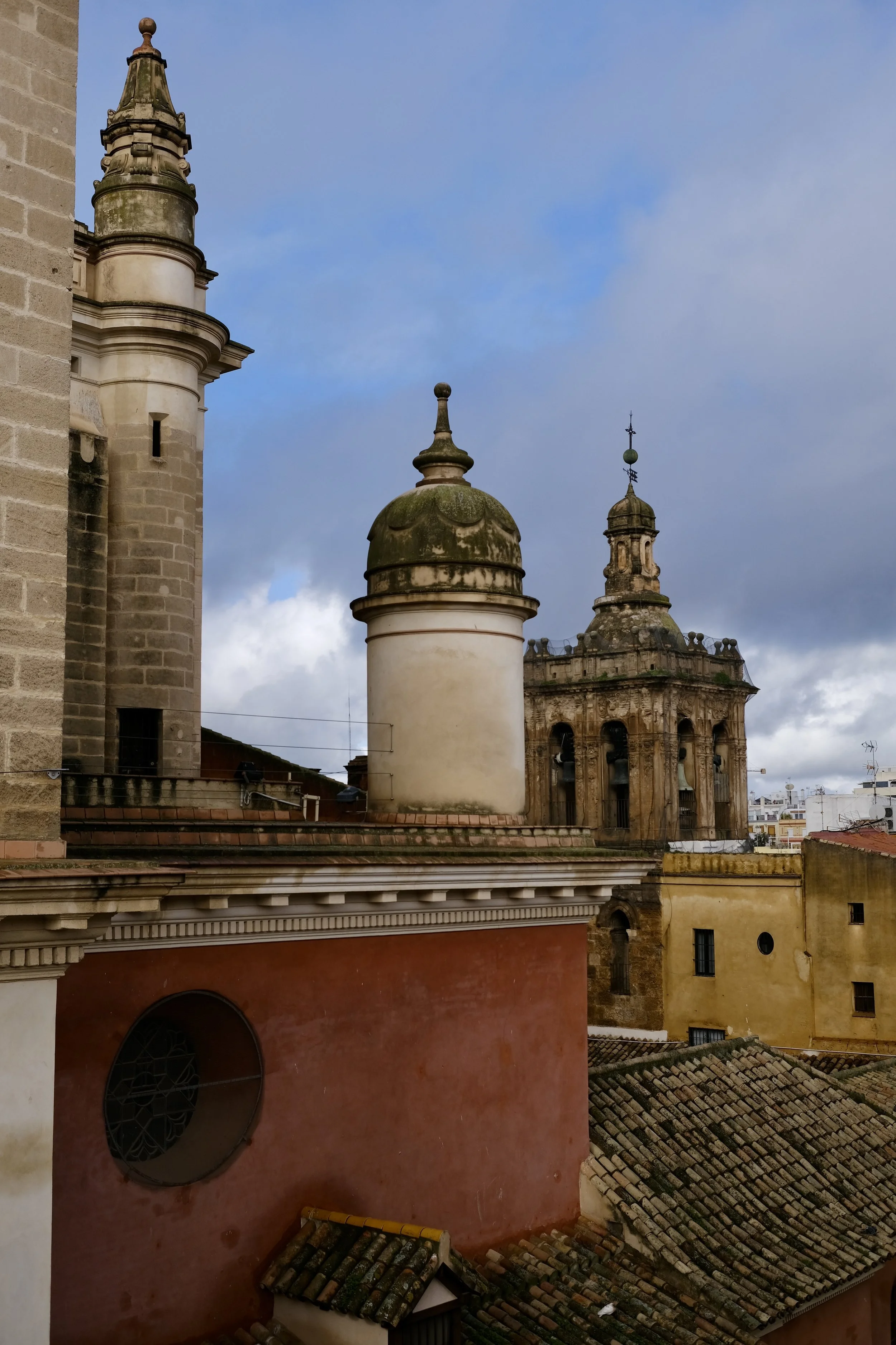 View of historic city rooftops with ornate church towers and terracotta tiled roofs under cloudy sky