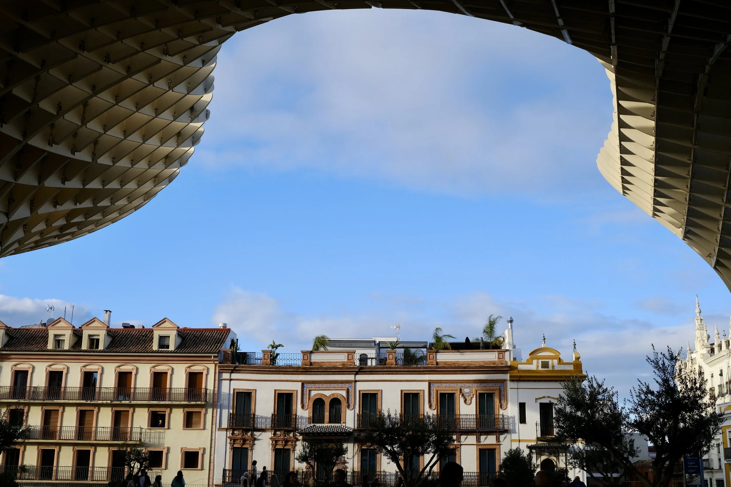 View from below of a modern architectural structure with a curved roof made of metal panels on either side and a clear blue sky in the center, overlooking historic European buildings with red-tiled roofs and ornate facades, with trees and people visi
