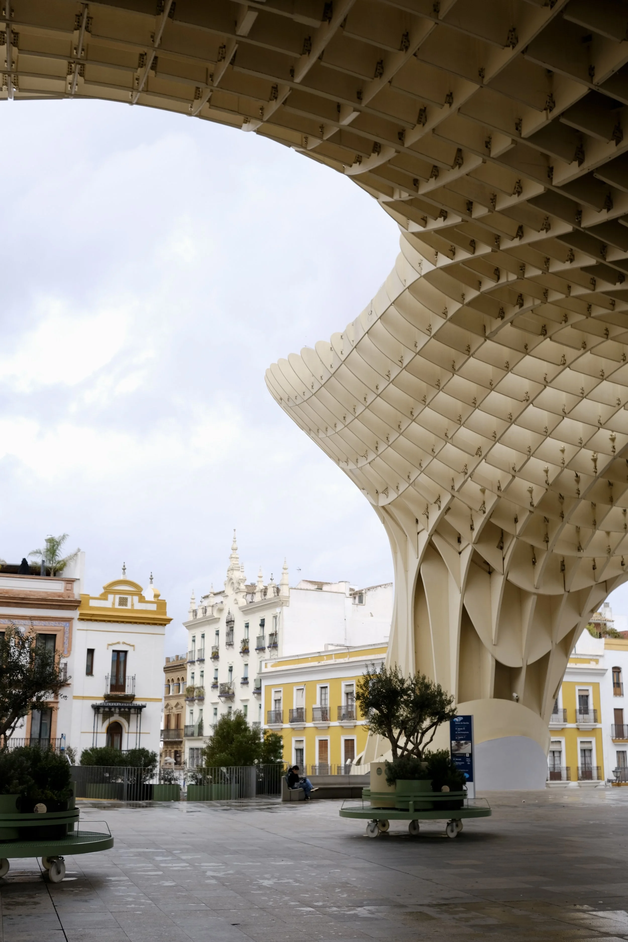 A modern architectural structure with a curving, layered roof in an urban plaza. Surrounding buildings are in pastel colors with ornate details. Trees and benches are also visible in the plaza.