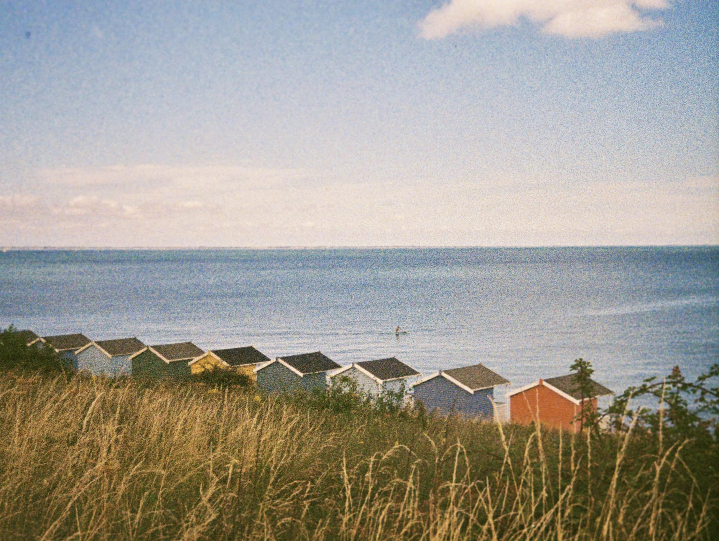 A view of rooftops and houses near the ocean with grassy foreground and blue sky.