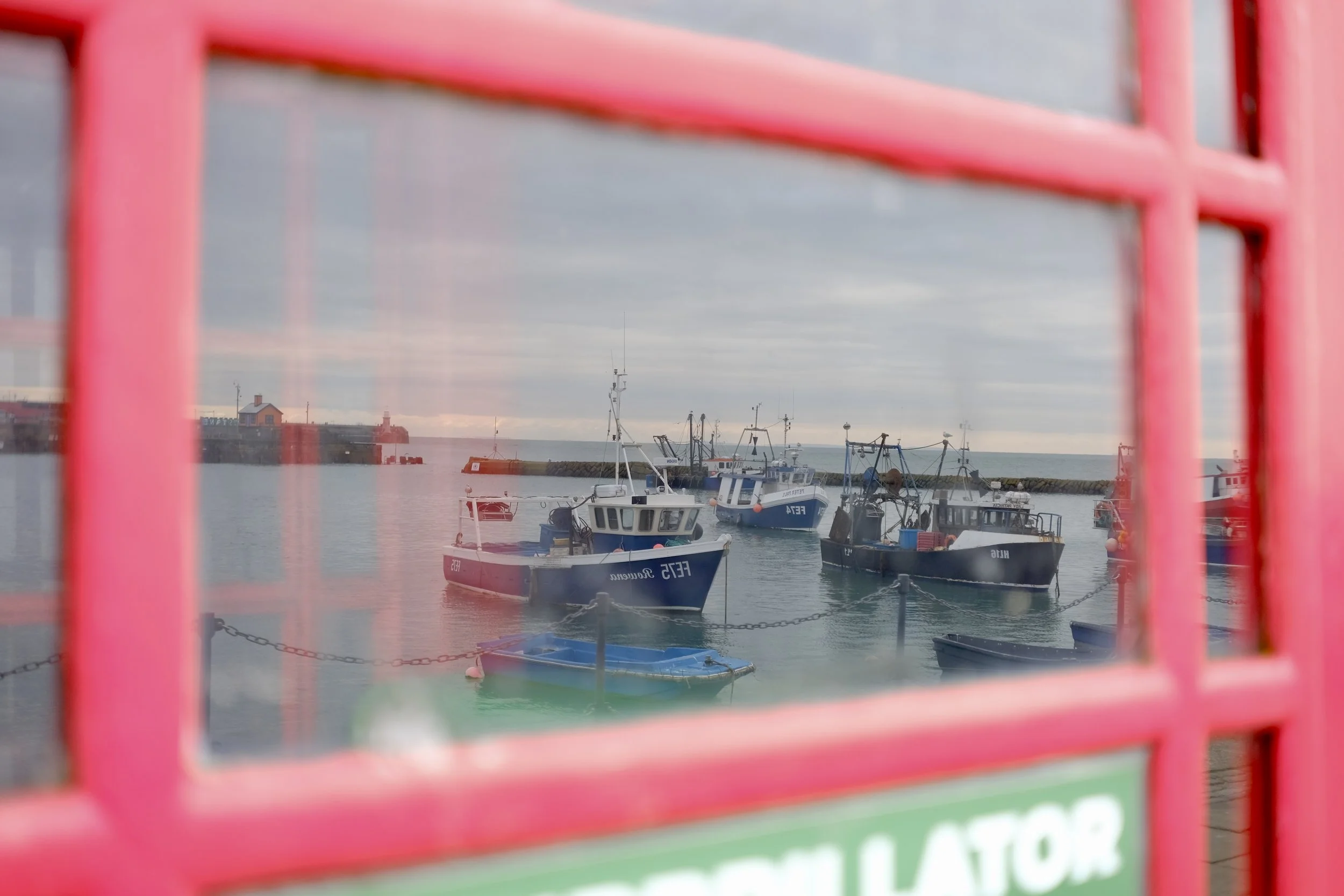 A view of boats docked at a harbor seen through a red and green barrier fence, with the ocean and cloudy sky in the background.
