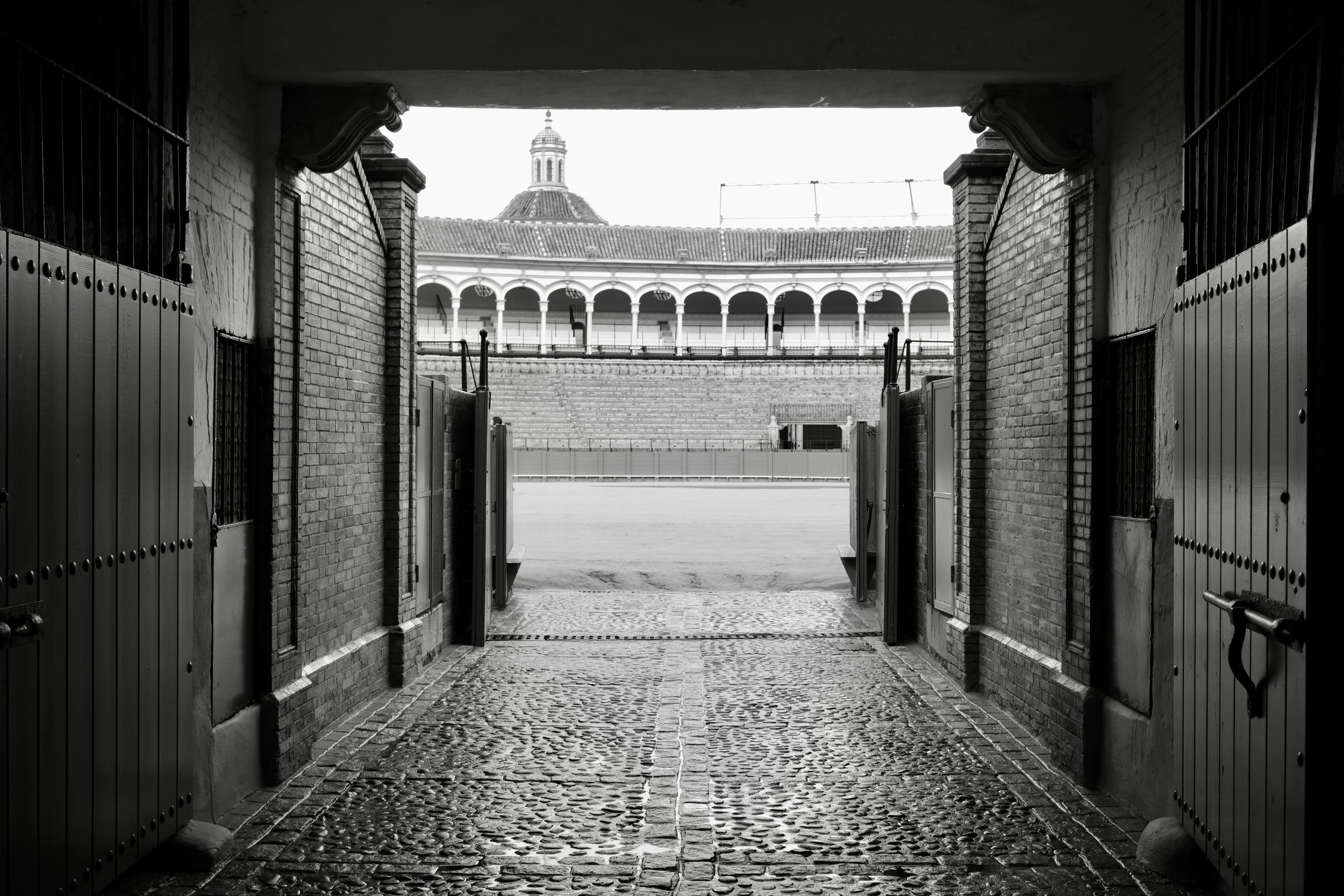 A view through a darkened archway with open wooden and metal gates, revealing a tiled courtyard with a brick wall and a large building with columns and a domed roof in the background.