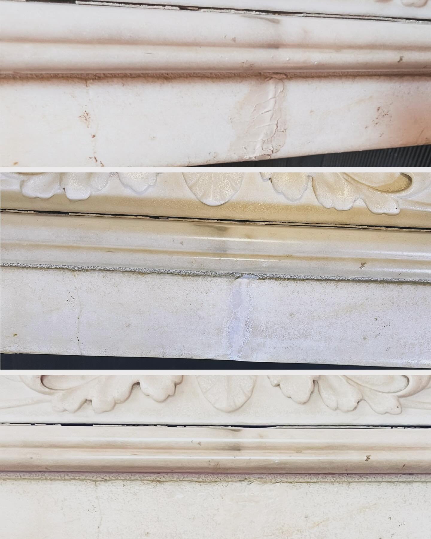 Little onsite marble restoration today. Previous filler left very bumpy and craggy. Repaired, smoothed out and touched in to blend in with the rest of the natural marble mantle piece #marblerestoration #antiquerestoration #conservation #butlerandcast
