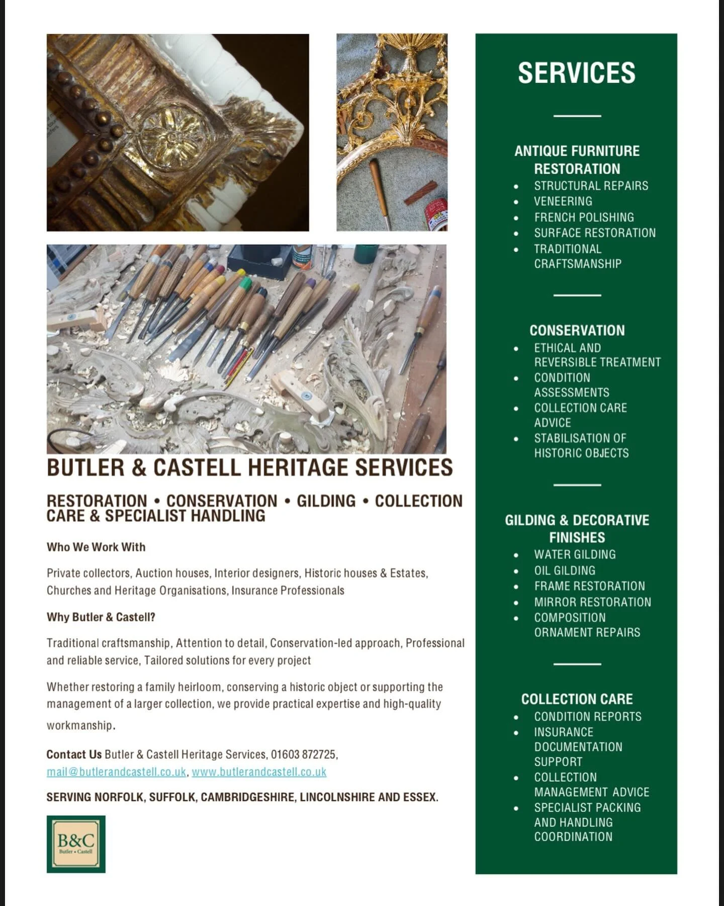 Craftsmanship. Conservation. Heritage.
At Butler &amp; Castell, we specialise in the restoration and conservation of antiques, fine furniture, picture frames and historic interiors. From traditional gilding and French polishing to specialist transpor