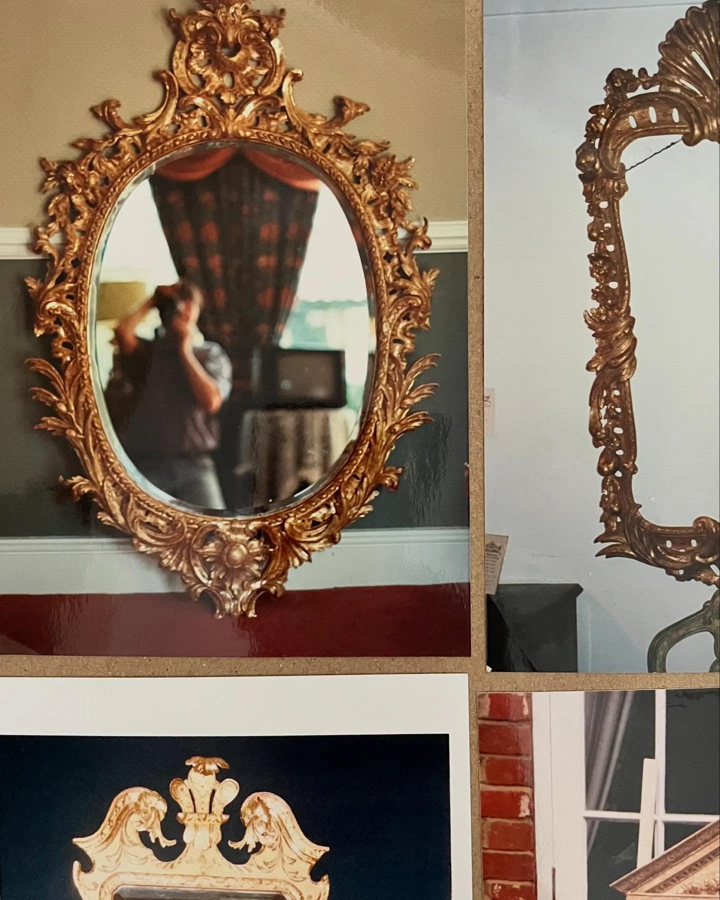 We have been adding some old photographs to albums recently which really capture the journey: intricate repairs, careful preparation and traditional water gilding , showcasing the finished mirrors returned to their former splendour. With photos often