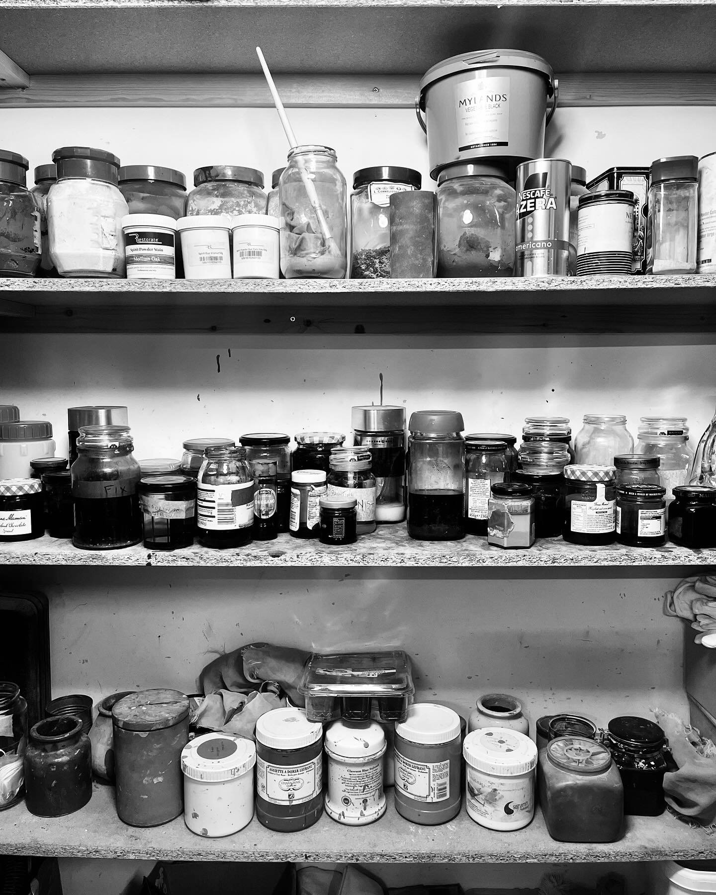 What&rsquo;s in the cupboard?
Behind every restoration is a whole world of materials, colours, powders, stains, clays, pigments, waxes, finishes and carefully chosen ingredients.
This is just one of our workshop cupboards &mdash; built up over years 