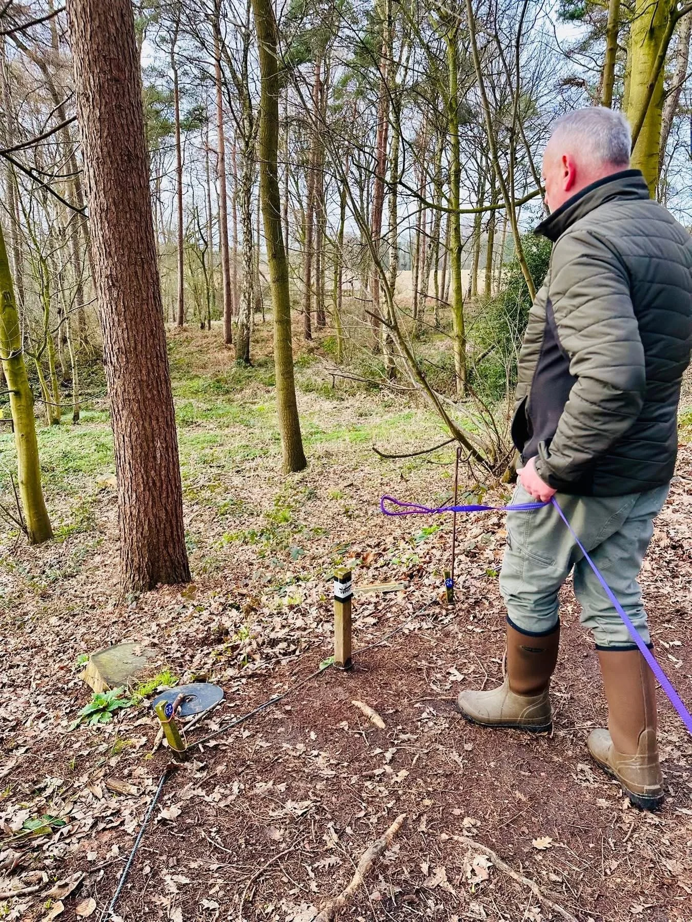 A man standing in a forested area, observing a scientific measurement setup with stakes, wires, and markers on the ground.