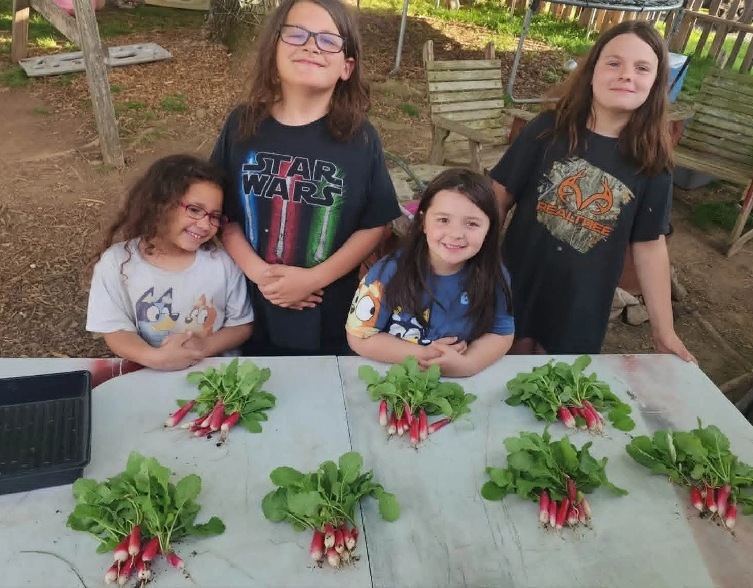 Four Heathen Farms children displaying freshly harvested radishes from the family garden