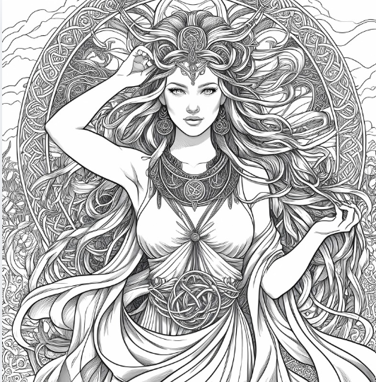 The Norse Mind detailed coloring page featuring the god Frigg