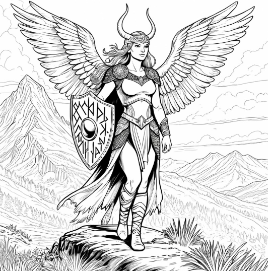 The Norse Mind detailed coloring page featuring a Norse pagan Valkyrie