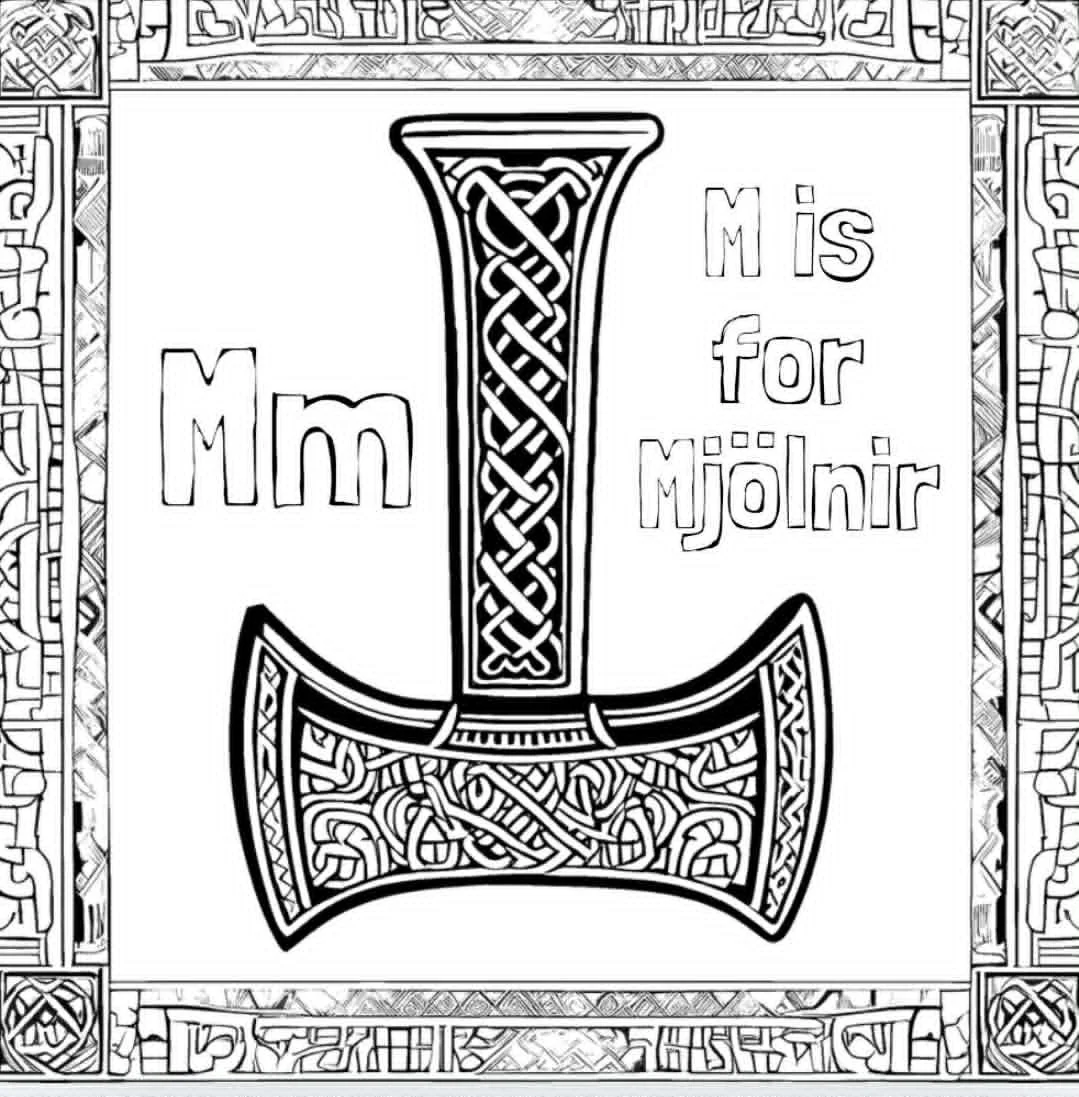 From Axes to Zodiac interior coloring page featuring M for Mjolnir