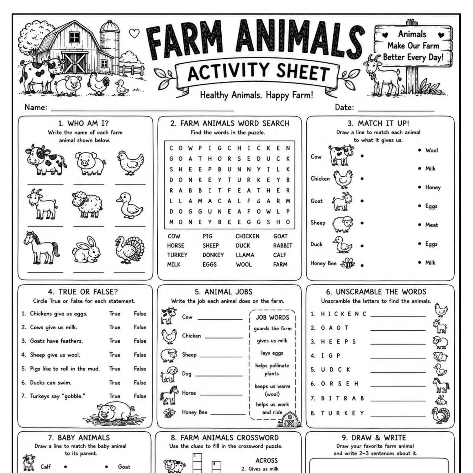 Farm Animals Activity Page