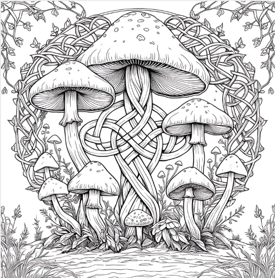 The Norse Mind detailed coloring page featuring mushrooms