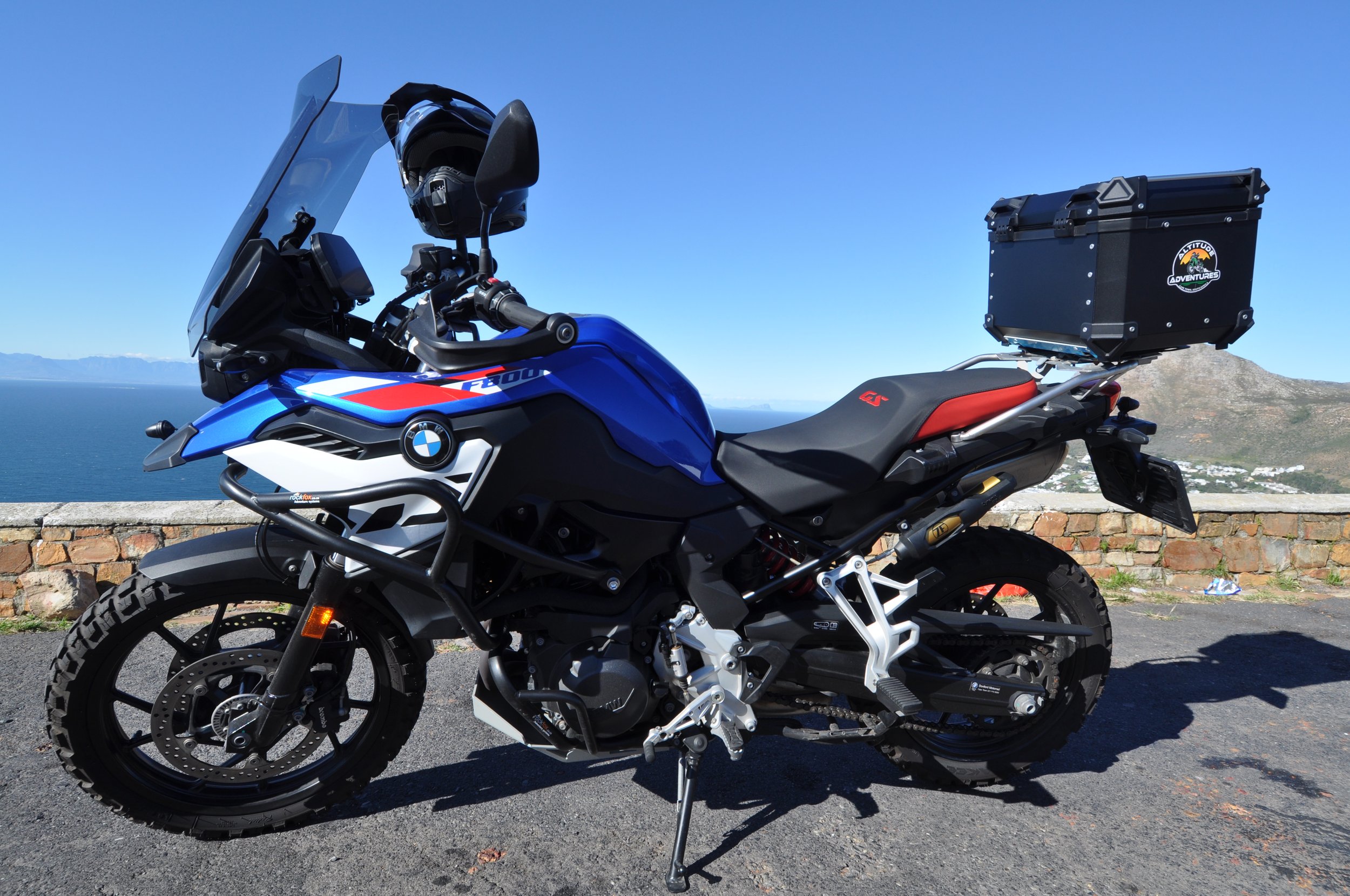 Blue BMW F800GS adventure motorcycle rental in Cape Town, South Africa