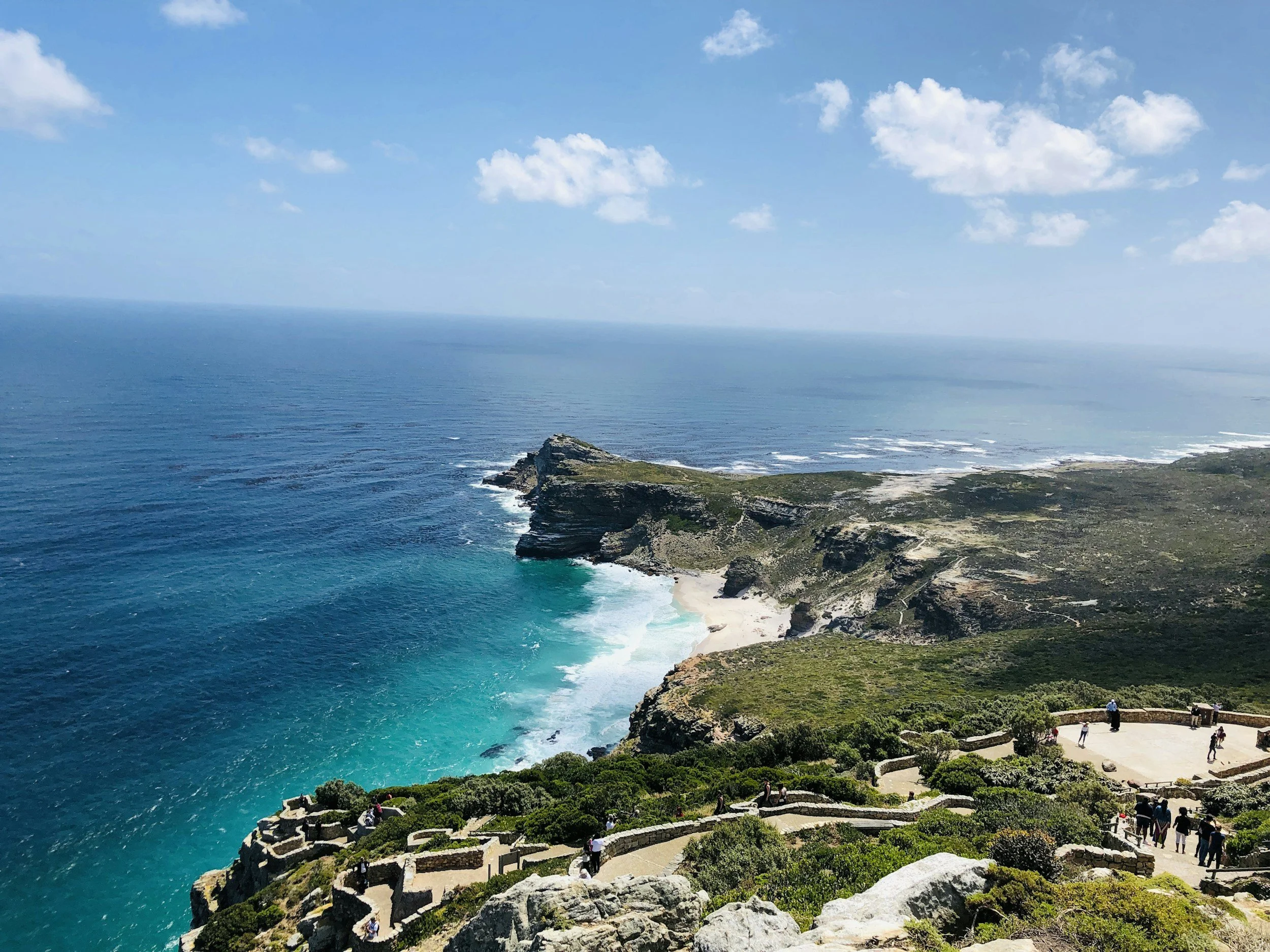 A scenic coastal view of blue ocean water with a rocky cliffside and a walking path on the right, with several people walking and enjoying the scenery, under a blue sky with scattered clouds.