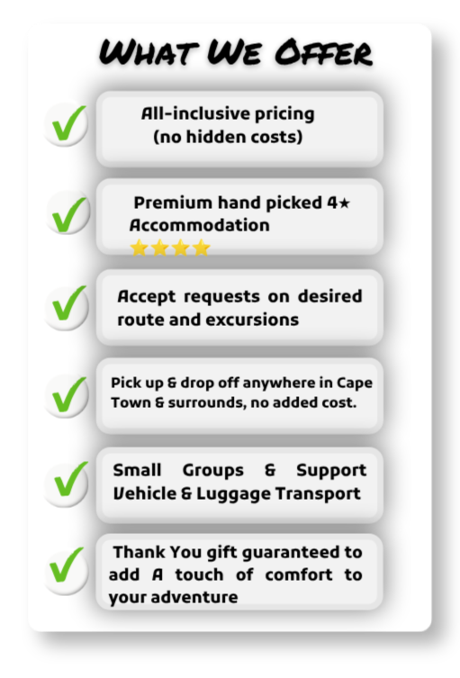 A list titled 'What We Offer' detailing services with green check marks, including all-inclusive pricing, four-star premium hand-picked accommodation, request acceptance for routes and excursions, pickup and drop-off anywhere in Cape Town, small group support vehicle and luggage transport, and a guaranteed gift for added comfort.