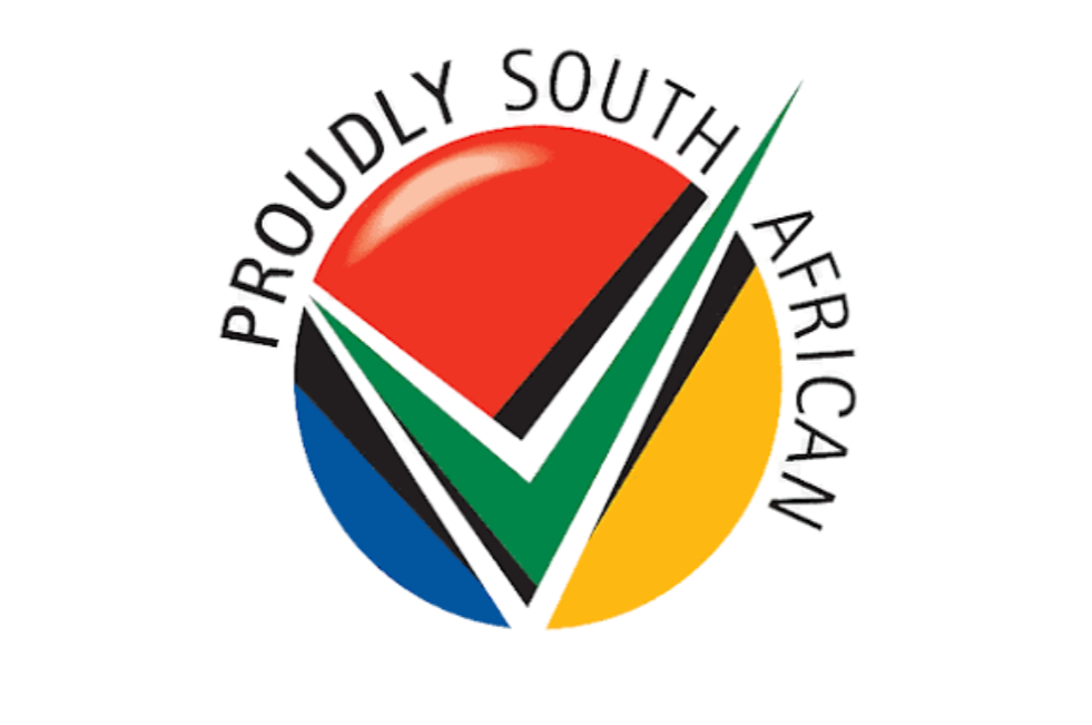 A 3D pie chart with four segments colored red, green, yellow, and blue. The chart has the text 'Proudly South African Your Afrikaans' surrounding it.