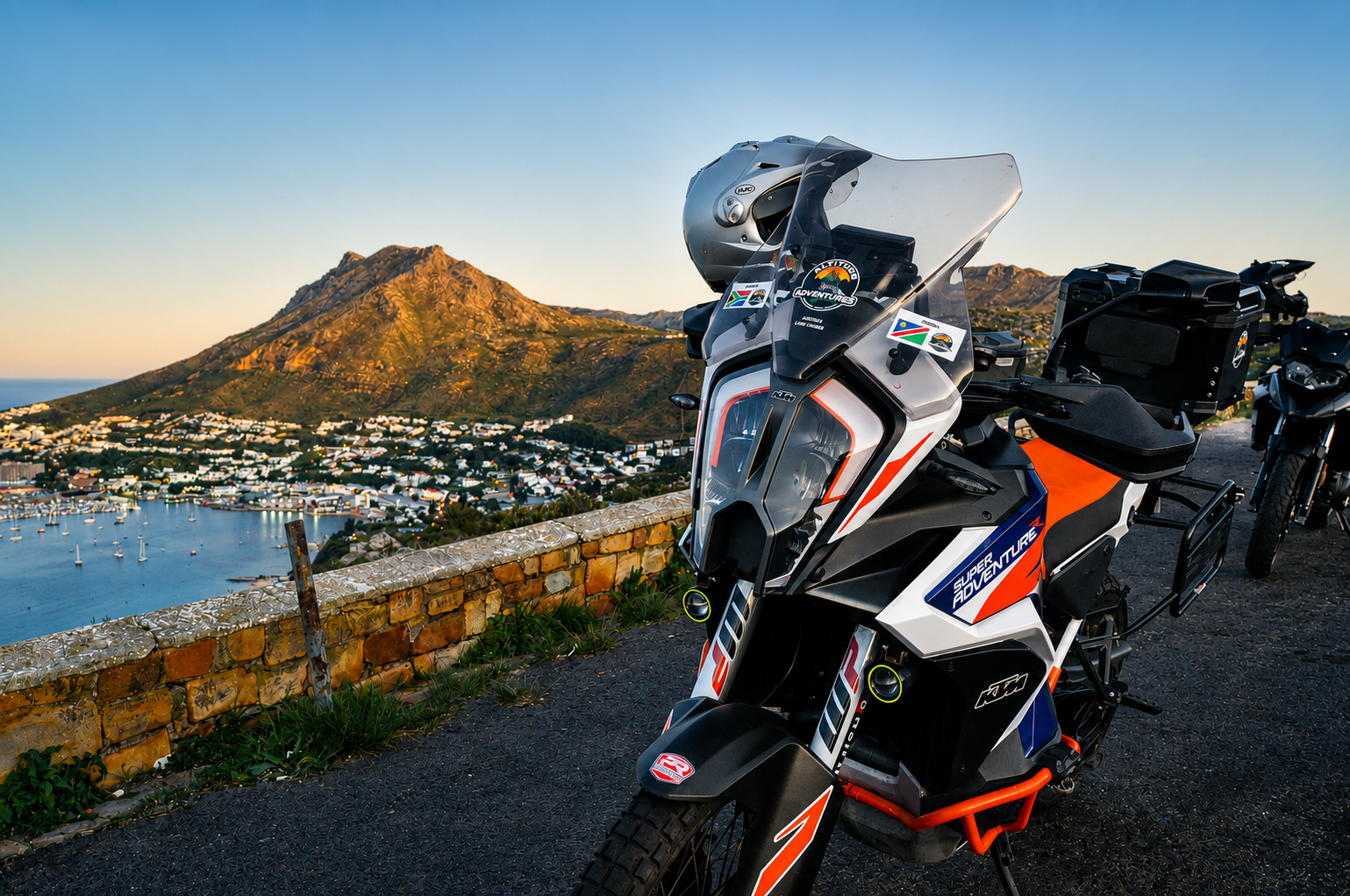 KTM 1290 Super Adventure R rental motorcycle in Cape Town Overlooking Signal Hill in Simon's Town